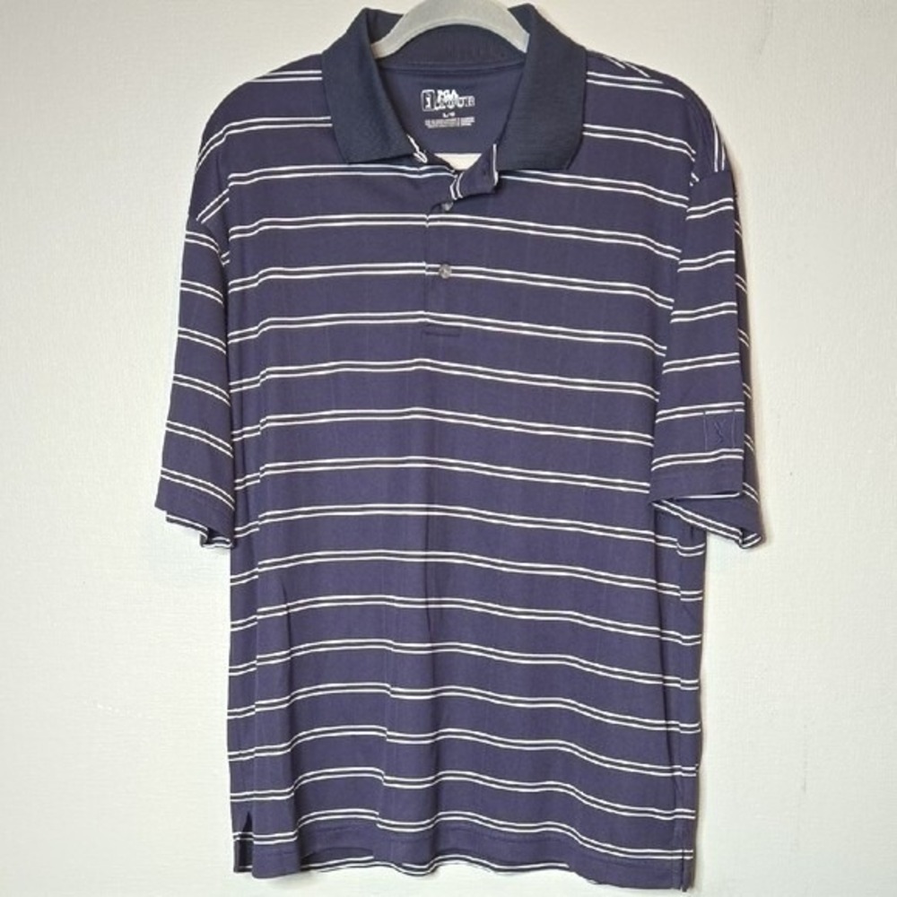 PGA Tour Striped Casual Golf Polo, Blue White, Casual Athletic Preppy Large